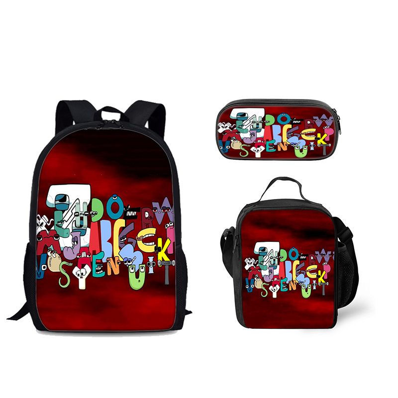 Venta al por mayor Alphabet Lore mochila escolar bolsa de hielo letra leyenda estudiante mochila bolsa de comida bolsa de tres piezas
