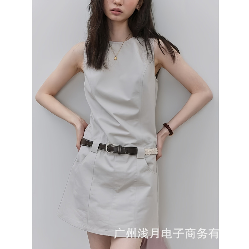 "Mustard Pie" Solid Color Round Neck Sleeveless Workwear Dress for Women, New Summer Style, Waist-Cinching Slimming Short Dress "Mustard Pie" Solid Color Round Neck Sleeveless Workwear Dress for Women, New Summer Style, Waist-Cinching Slimming Short Dress