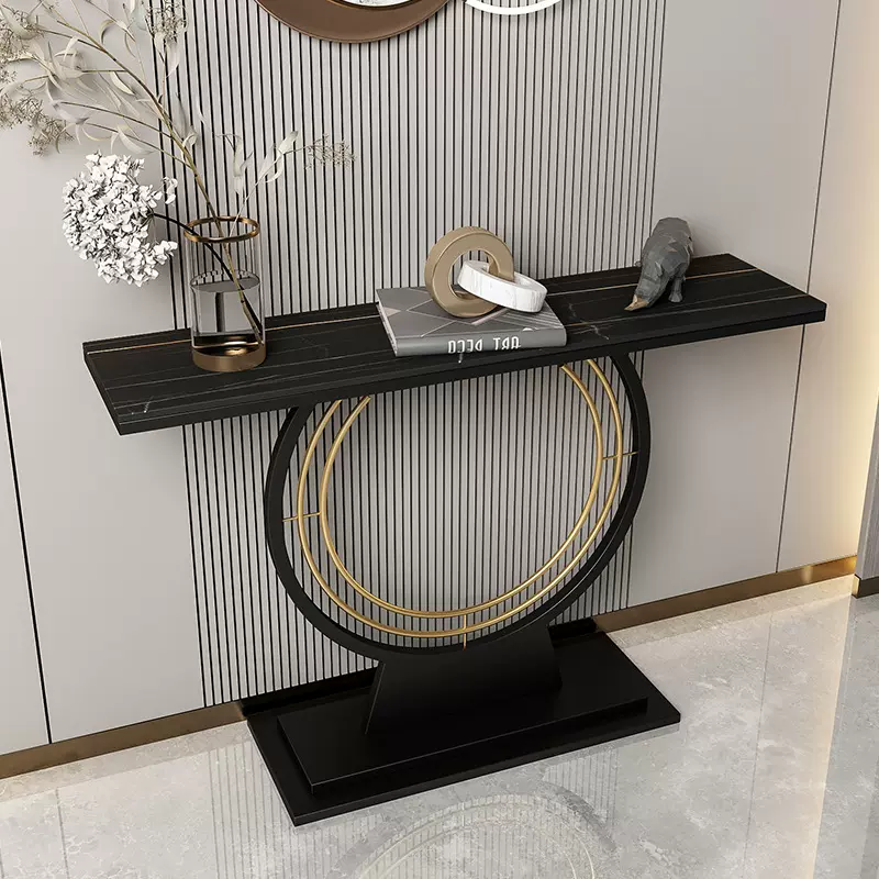 北欧岩板玄关桌 简约家用入户靠墙玄关台 酒店大厅半圆铁艺端景台