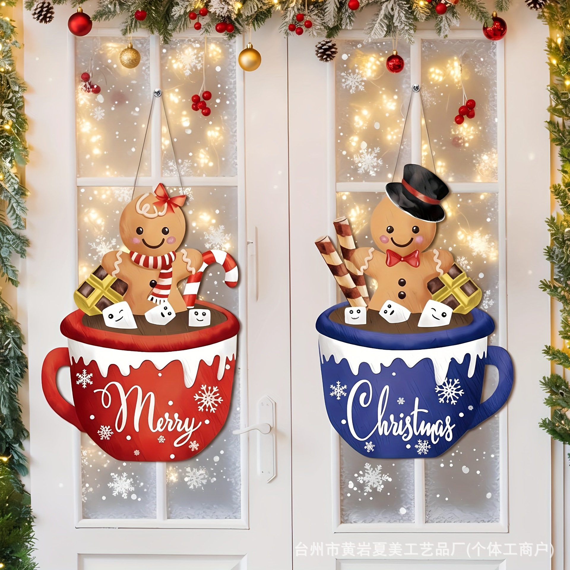 Colgar pan de jengibre de Navidad estadounidense hombre caliente de cacao colgar decoración de taza de menú rojo y azul modelado ventana transfronteriza diseño colgar
