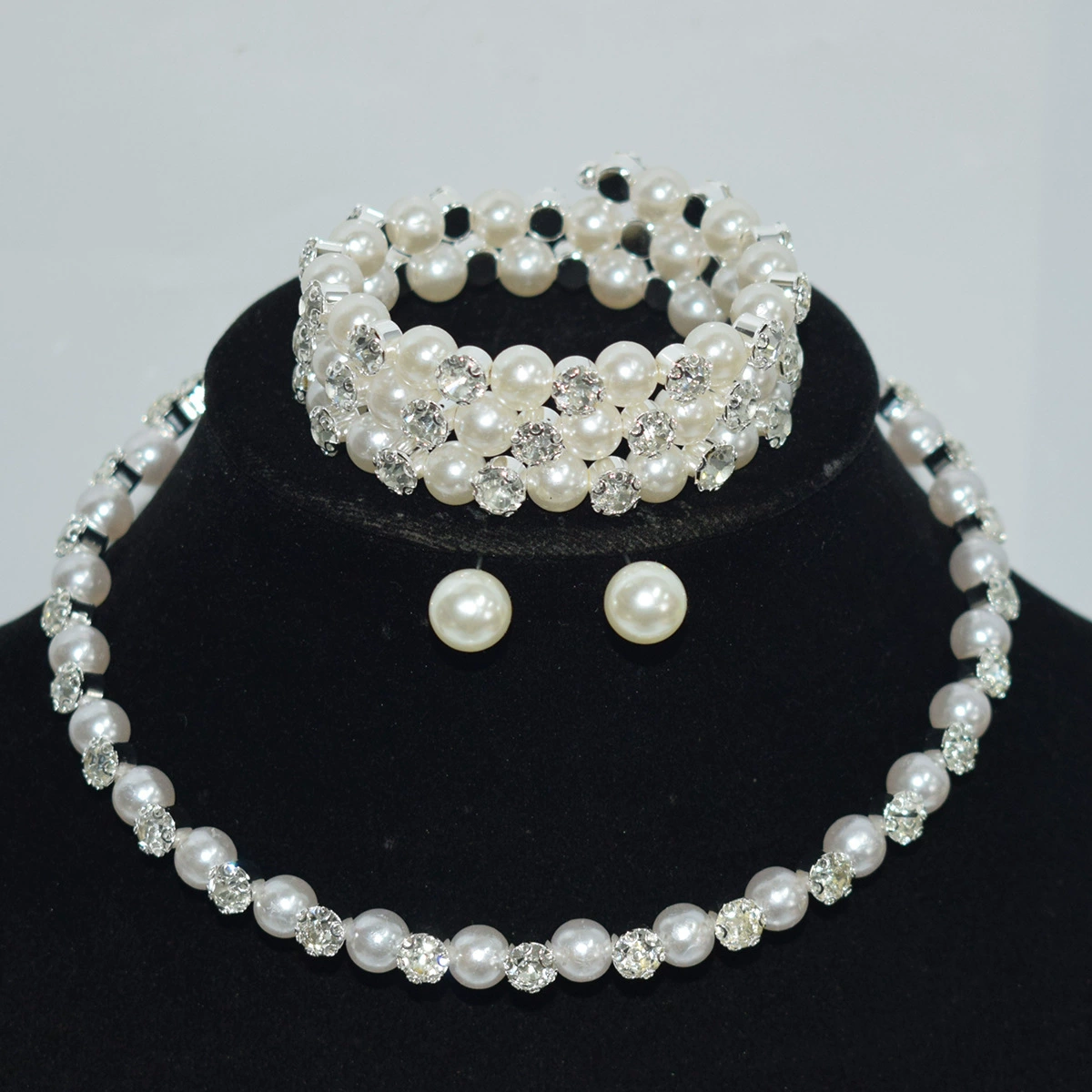 Комплект ожерелья для свадьбы TECAN Pearl: 3 предмета - ожерелье, браслет и серьги-гвоздики в серебре или золоте