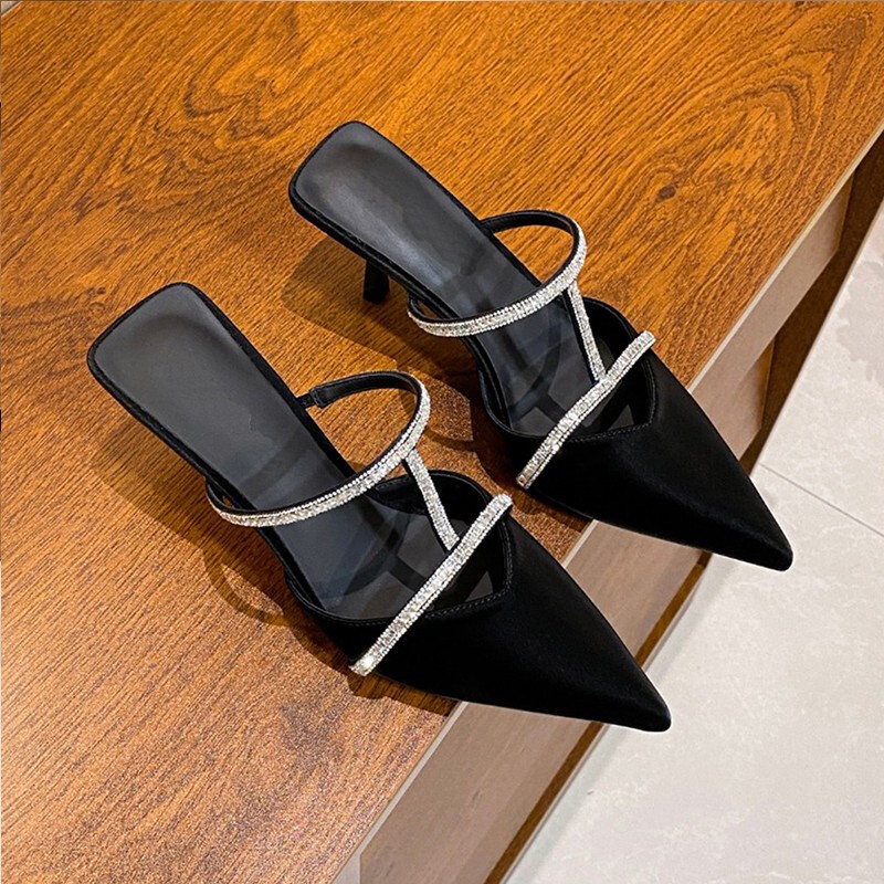 2026 Summer New Versatile Open-Back Rhinestone High-Heeled Mules Pointed Toe Stiletto High-Heeled Sandals