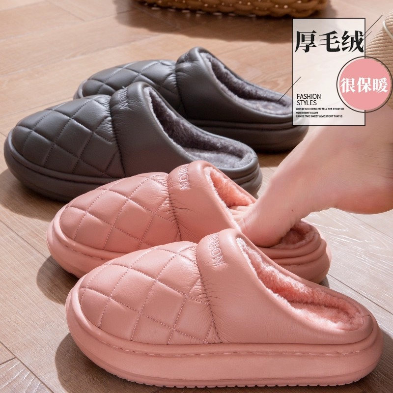 Cotton Slippers for Women Winter 2025 New Indoor Home Warm Anti-Slip Outer Wear Leather Waterproof Wool Slippers for Men Winter
