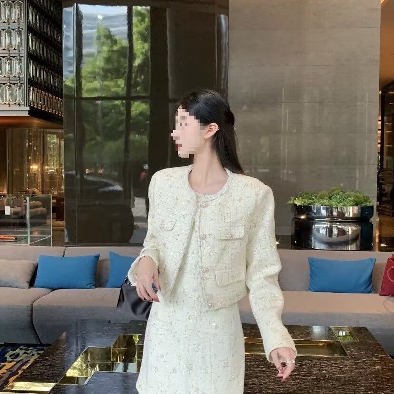 早秋法式重工小香风粗花呢套装裙女秋季轻奢感短外套背心裙两件套|undefined