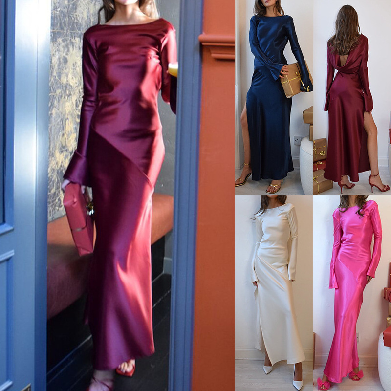 Independent station Europe and the United States new elegant temperament solid color backless satin high split horn sleeve long sleeve dress 8092