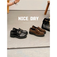 牛皮~嘉力达女鞋厚底增高5cm小皮鞋女贵气小金币一脚蹬懒人乐福鞋