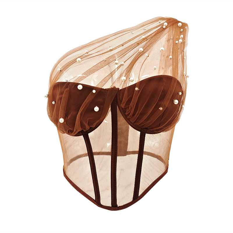 Estilo caliente transfronterizo europeo y americano de malla de encaje de tul transparente sexy puro deseo top de mujer con botón de perlas sujetador de hueso de pescado