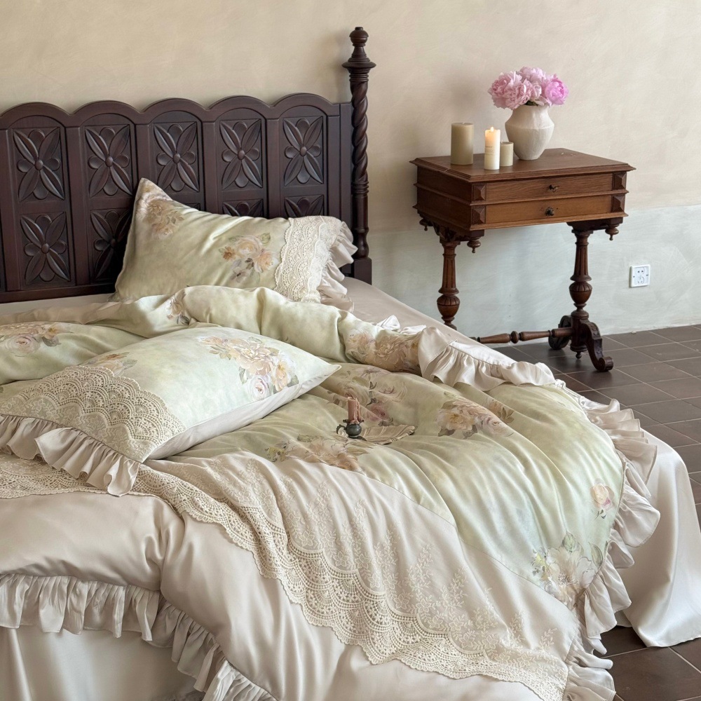 Nordic French Vintage Boho French Vintage Style 120-count Long-staple Cotton Brushed Four-piece Set With Lace Trim, Gentle Bedding Autumn And_voghion.com