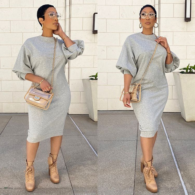 Spring Summer Five-Point Lantern Sleeve Loose Large Long Sweater Dress