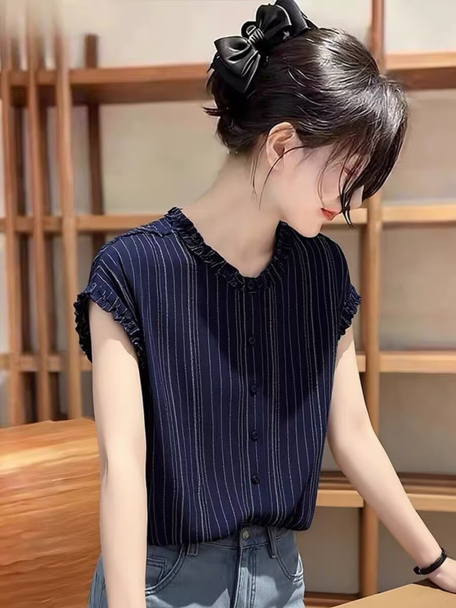 Áo sơ mi nữ ngắn tay sọc kẻ, cổ bẻ tay ngắn, phong cách công sở — Sọc Tây Tạng