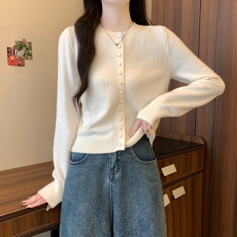 安迪绒春秋新款洋气圆领针织开衫外套女宽松薄款休闲气质上衣毛衣|undefined