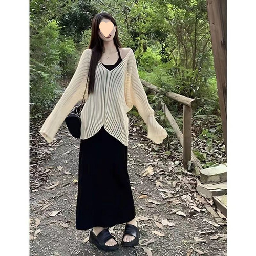 A two-piece set featuring a thin-collared V-neck top and a halter-style maxi dress for women, perfect for summer and petite figures, with a tea-inspired color palette.