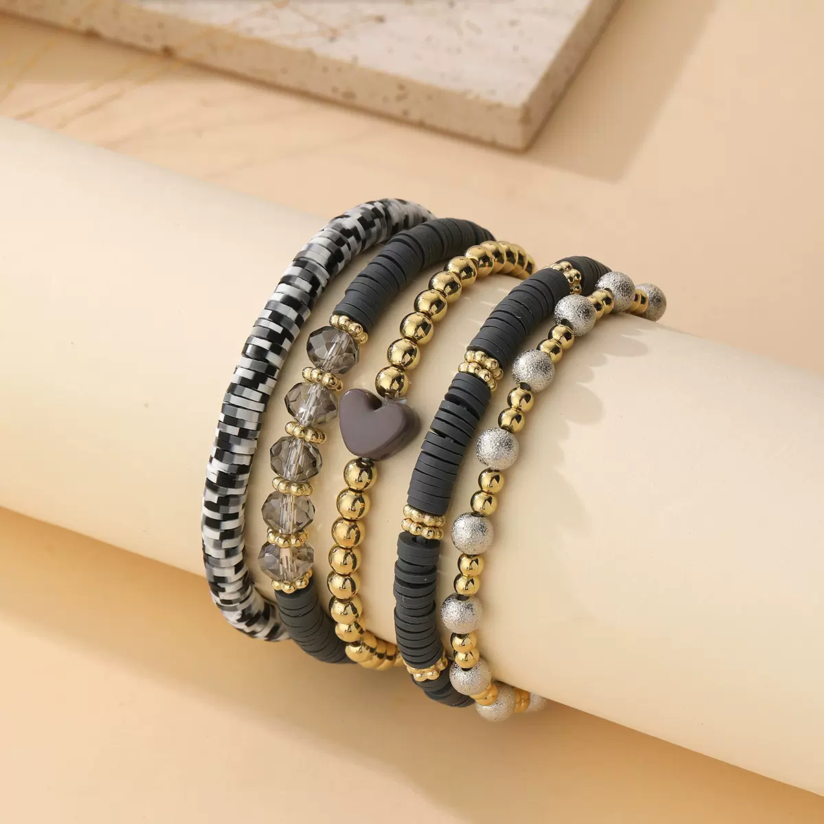跨境欧美波西米亚风串珠弹力手链软陶爱心叠戴式5条手链手串套装