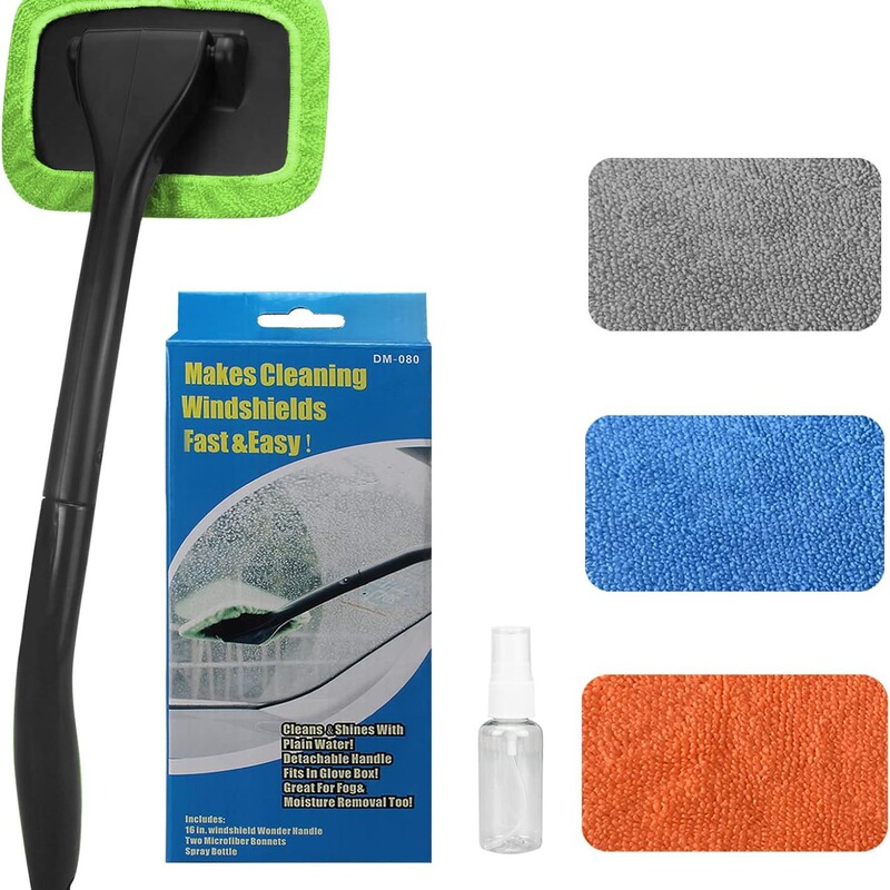 Amazon 4-piece car windshield cleaning tool removable handle rotating head fiber cloth spray bottle