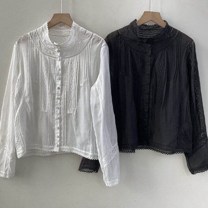 Z Family French Design Floral Embroider Cut Out Lace Gauze Cotton Shirt Fungus Collar Stand Collar White Long-Sleeved Shirt