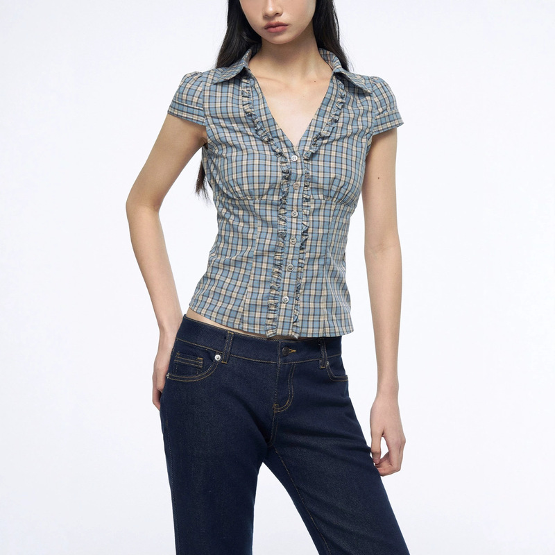 Blue Ruffled Striped V-Neck Shirt with a Tailored Waist and Short Sleeves for Summer
