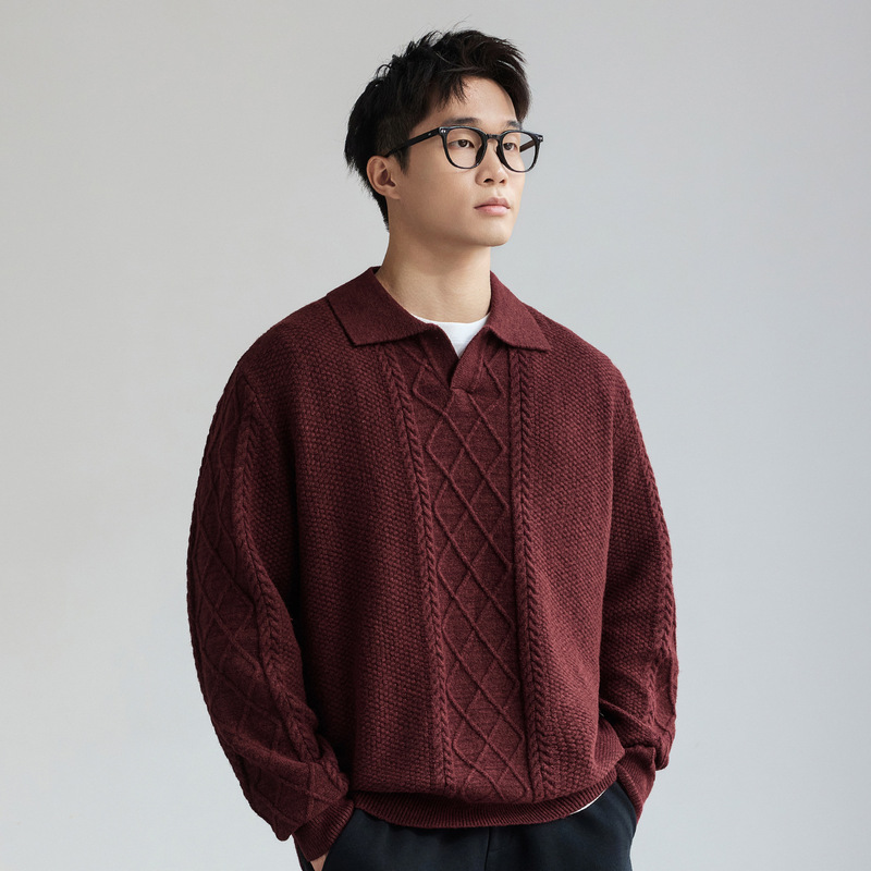 Winter Red Jacquard Texture Knitted Sweater Men's New Loose Large Size Polo Shirt Lapel Versatile Casual Top Winter Red Jacquard Texture Knitted Sweater Men's New Loose Large Size Polo Shirt Lapel Versatile Casual Top