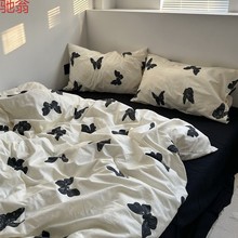 ins美式复古黑蝴蝶被套家居高级感床上用品四件套床单宿舍三件套