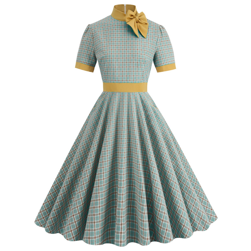 Hepburn Style Retro Stand-Up Collar Contrasting Color Lace-Up Short-Sleeved Bow Plaid Palace Dress Christmas Hepburn Style Retro Stand-Up Collar Contrasting Color Lace-Up Short-Sleeved Bow Plaid Palace Dress Christmas