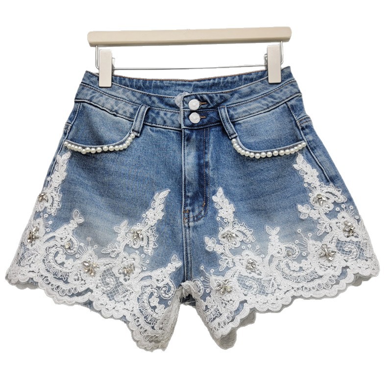 Shorts de Mezclilla de Tiro Alto con Encaje y Bordado de Denim