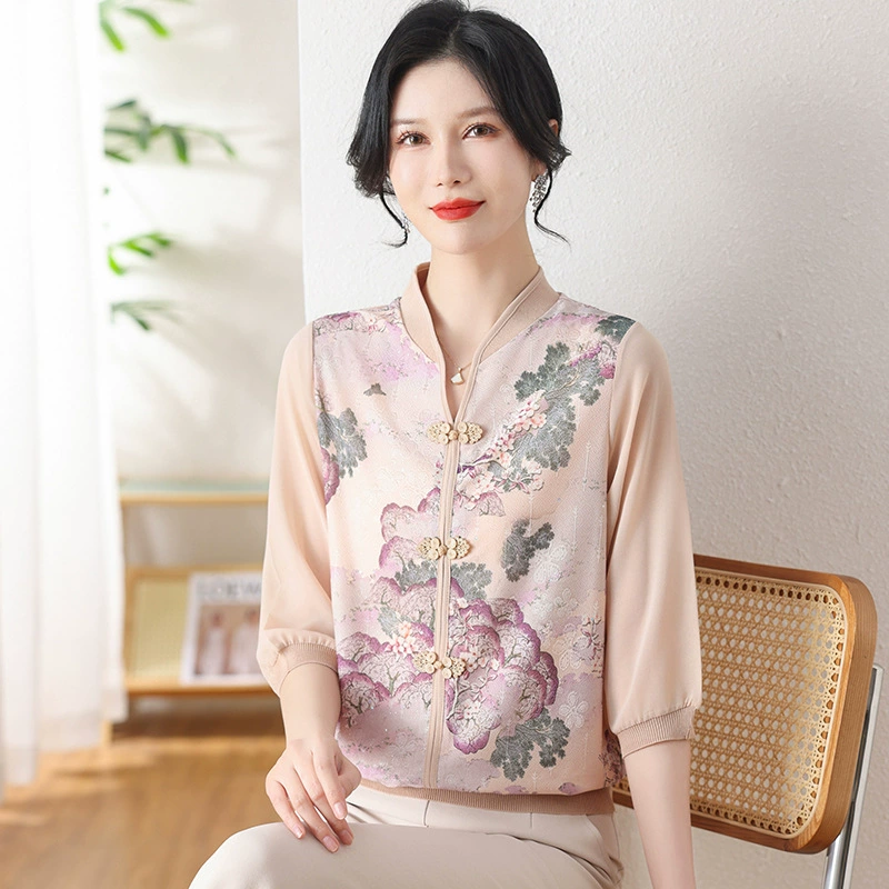 Новый маминый топ в китайском стиле светская львица элегантный высококачественный розовый костюм в стиле Китайской Республики Тан со стоячим воротником Улучшенный Чонсам женская маленькая рубашка