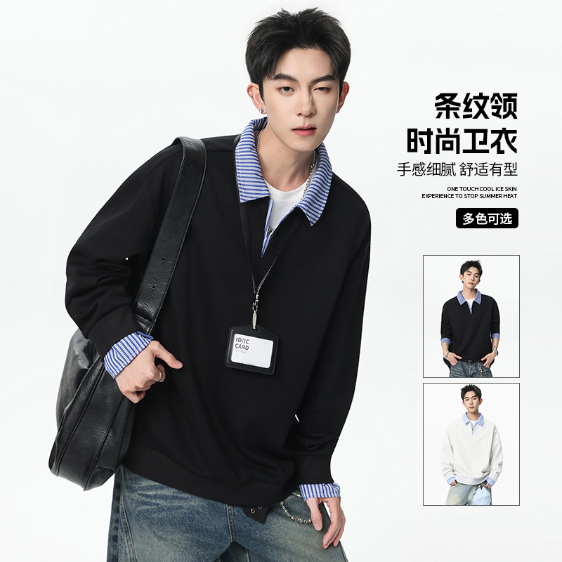 Factory direct wholesale S-8XL autumn pullover sweatshirt plus size faux two-piece shirt collar men's loose top