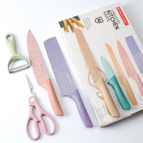 A set of 6 colorful wheat straw kitchen knives, including a chef's knife and a meat knife, presented in a gift box for home use.