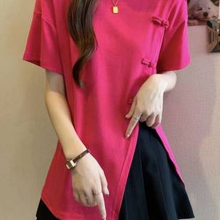 Large Size Design Slit Irregular Short-Sleeved Shirt for Women Summer 2025 New Fat Loose Slimming Belly-Covering Top