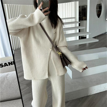 两件套半高领针织毛衣裤子两件套女装秋冬2025新款休闲开叉套装女
