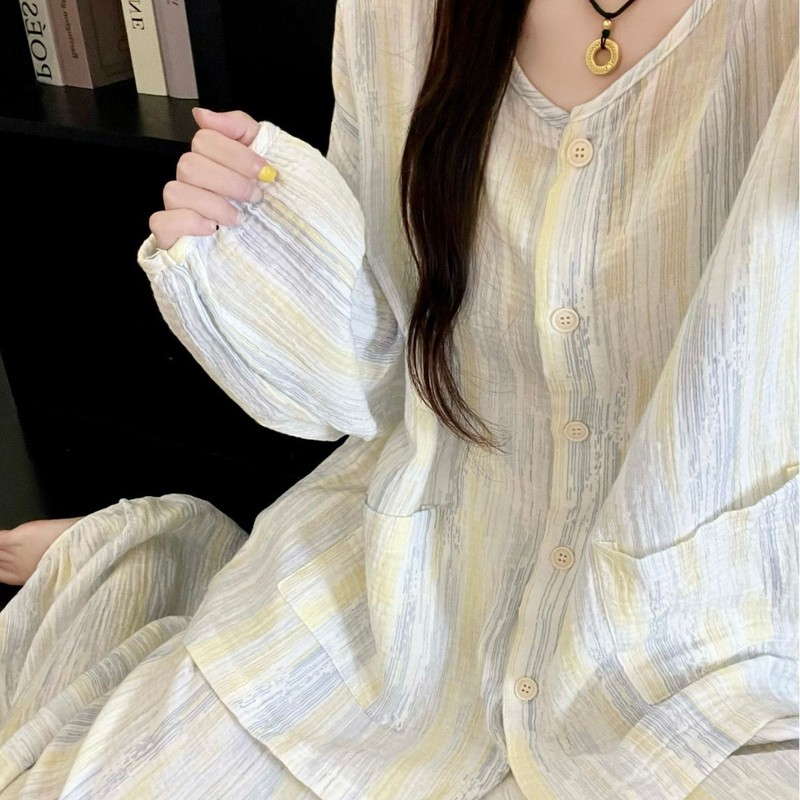 2025春秋季新款睡衣女韩版甜美开衫带胸垫家居服套装cross-border|undefined