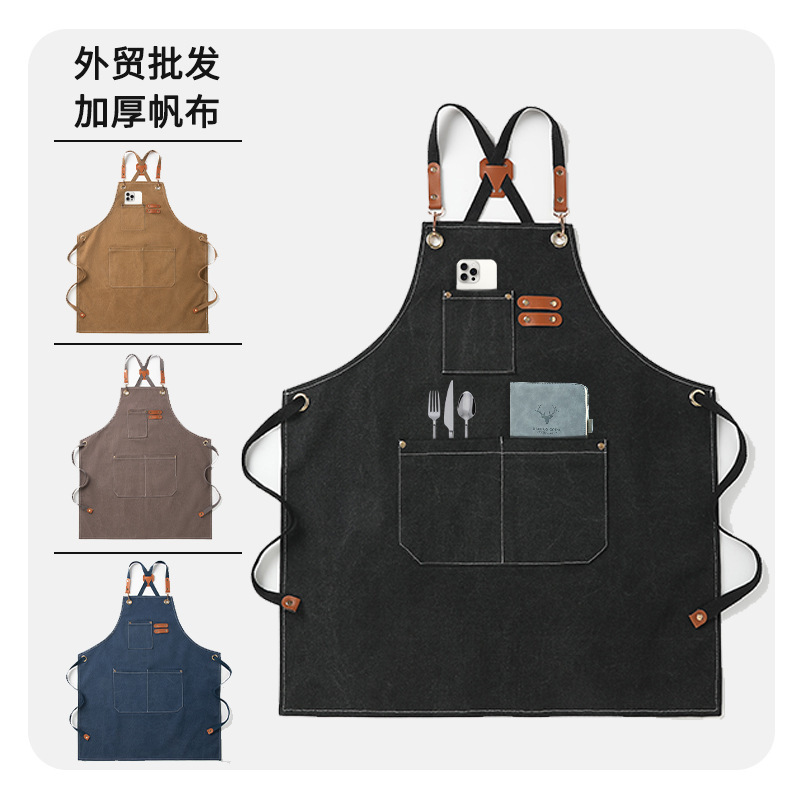 Thickened New Apron Custom Logo Work Clothes Stain-Resistant Waterproof and Oil-Proof Kitchen Pure Cotton Canvas Cross-Border Amazon