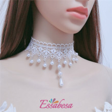 ESSABESA 新款日系蕾丝项圈女 欧美风蕾丝珍珠简约锁骨链新娘项链