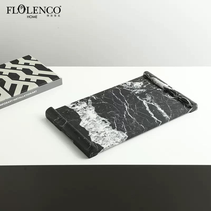 新中式现代卷边大理石艺术托盘展厅办公室茶几书桌创意收纳盘摆件