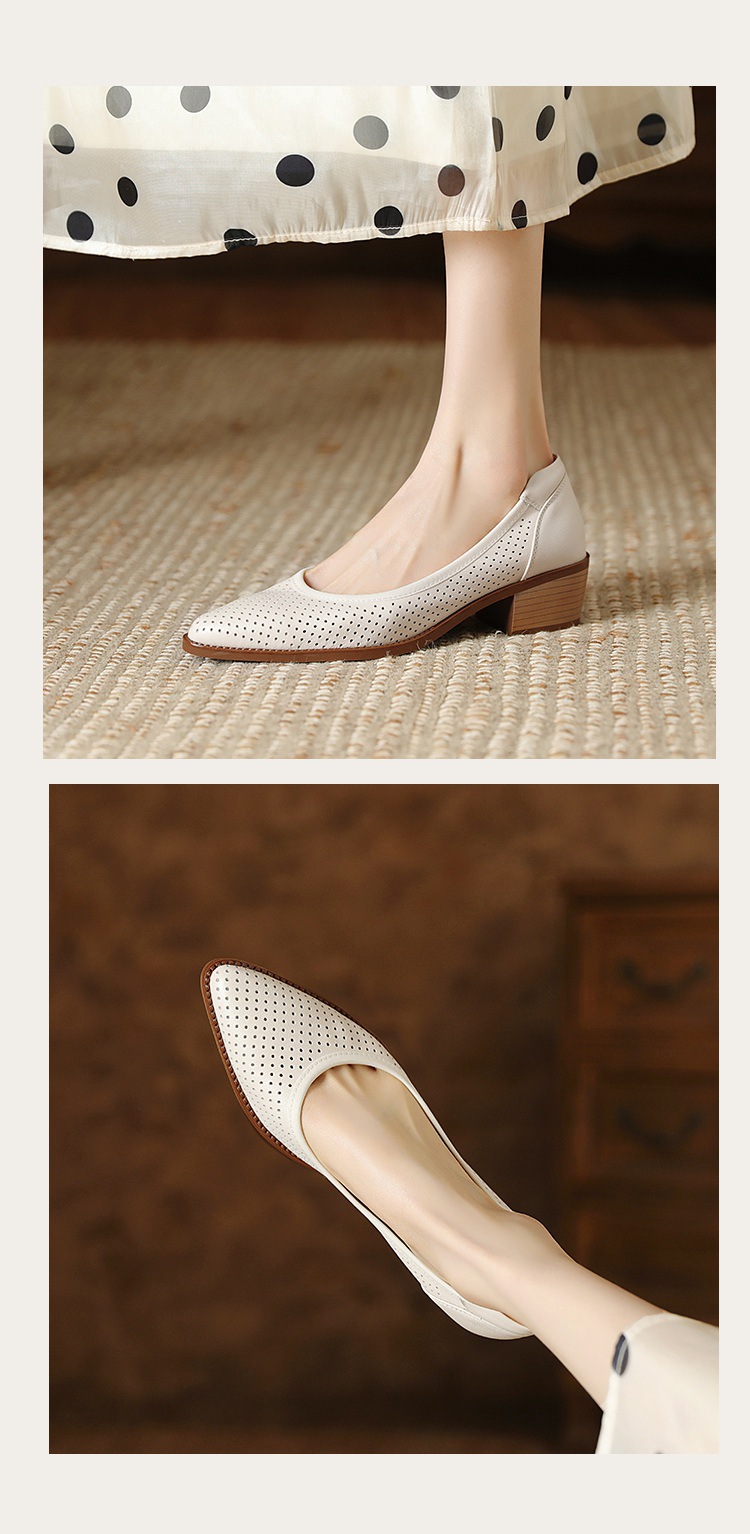 Sandal nữ da bò lỗ lưới miệng nông gót vừa — Màu trắng be chi tiết 9