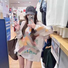 韩系甜美涂鸦彩色手绘趣味卡通长袖防晒罩衫夏宽松上衣