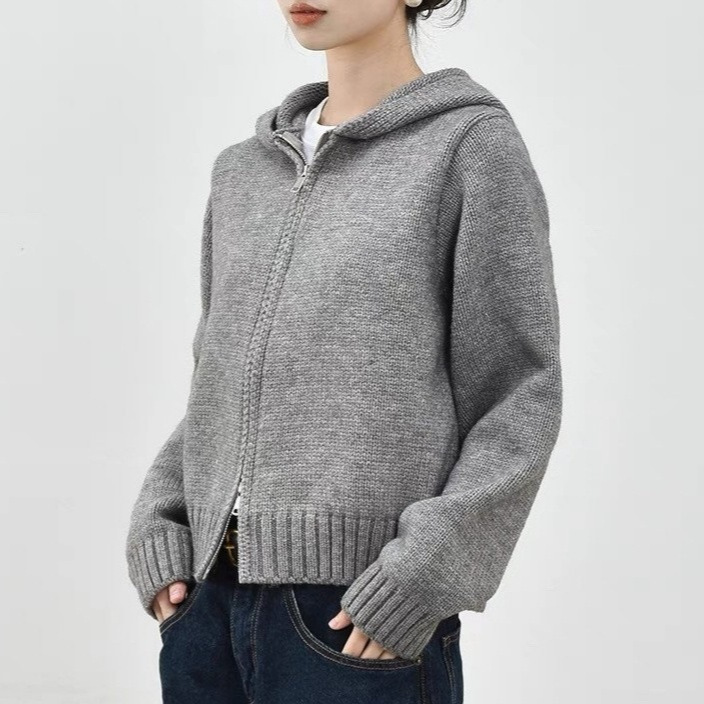 Ninety Five Japanese Commuter Hooded Thick Knitted Cardigan Spring and Autumn New Casual Short Zipper Sweater Coat Women's Winter