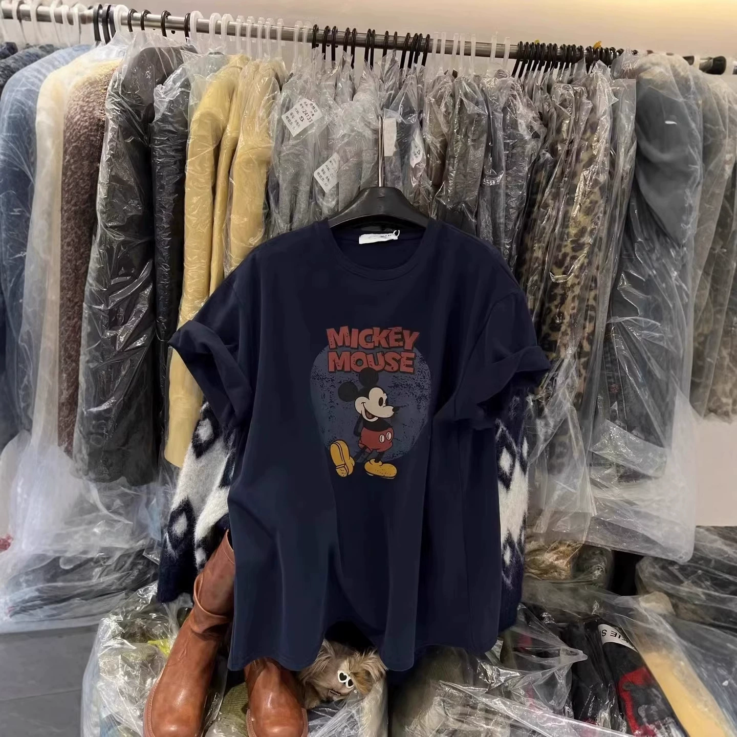 Корейская футболка Dongdaemun больших размеров, новая летняя свободная универсальная футболка с принтом Микки Мауса, из чистого хлопка, с короткими рукавами, для женщин