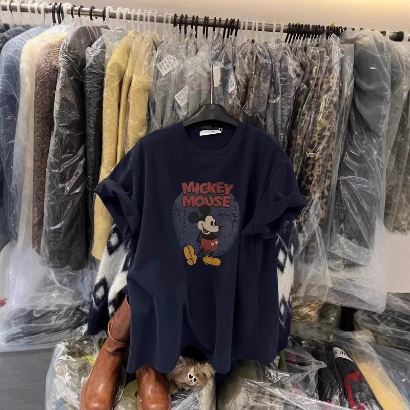 Korean Dongdaemun Pure Cotton Summer New Style Loose and Versatile Cartoon Mickey Print Short-Sleeved T-Shirt for Women