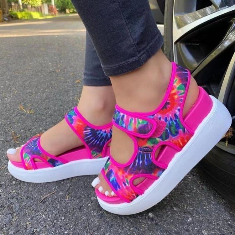 Cross-Border 2025 Summer New Large Size Thick-Soled Sandals European and American Thick-Soled Beach Shoes Colorfulful Printed Sports Women's Sandals