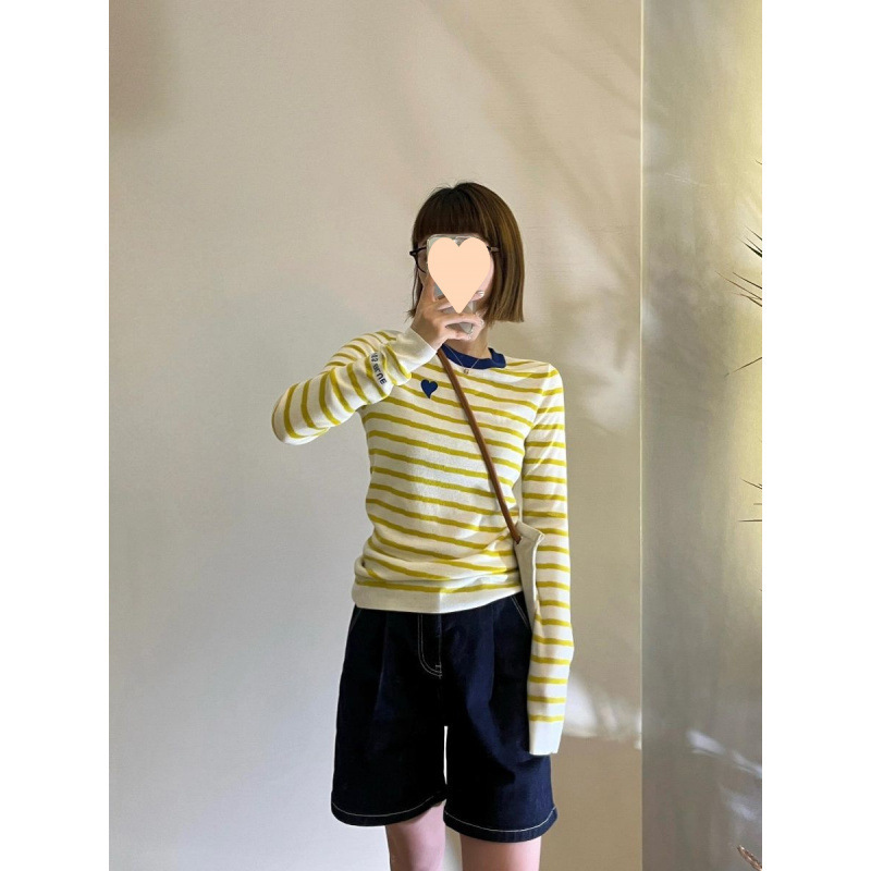 韩系黄色条纹针织衫女秋季2025新款修身内搭打底衫甜辣妹长袖上衣|undefined