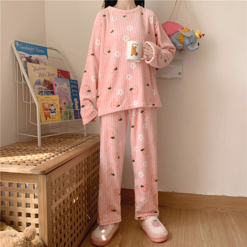 Oso melocotón bowknot impreso coral polar media luna caliente traje de invierno cómodo cálido pijamas desgaste del hogar para las mujeres