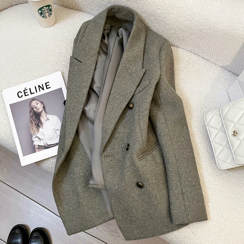 Gray Green Retro Style Woolen Suit Jacket for Women 2025 Autumn and Winter New Style High-End Elegant Goddess Style Suit