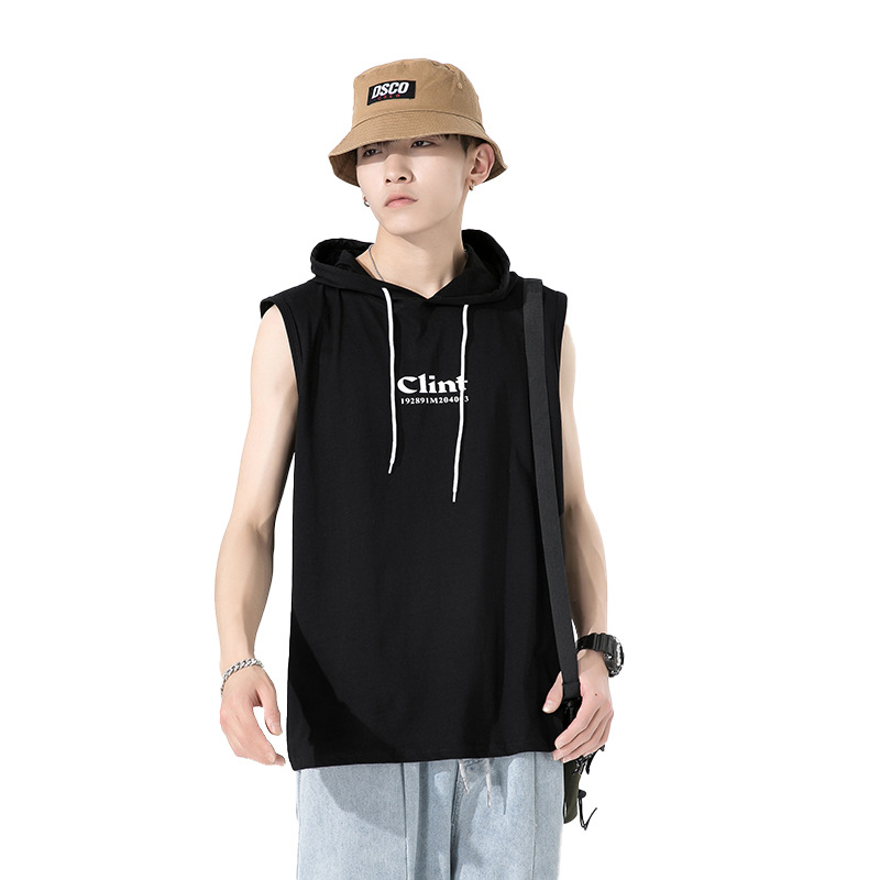 T-shirt canotta in puro cotone di marca trendy per l'estate 2023 senza maniche da uomo con top sportivo con cappuccio per uomo_voghion.com