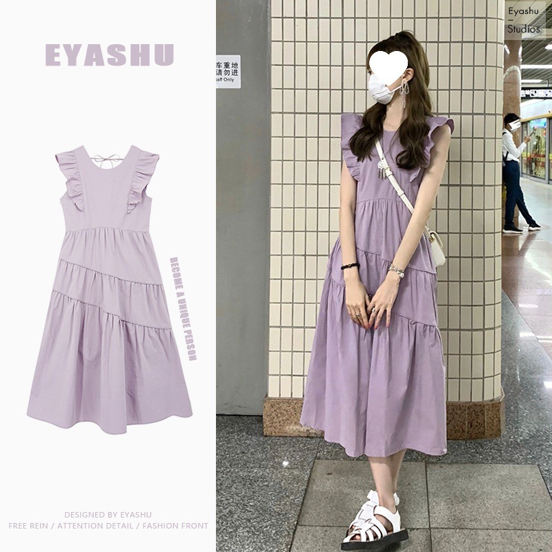 夏季别致法式甜美宽松显瘦茶歇a字裙女感收腰紫色连衣裙|undefined