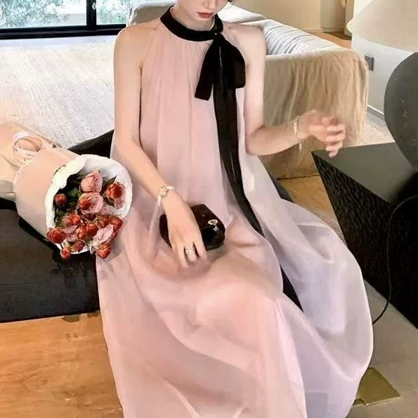 Сладкий темперамент розовый без рукавов с бантом подтяжка платье женская летняя французская фея высокого уровня юбка