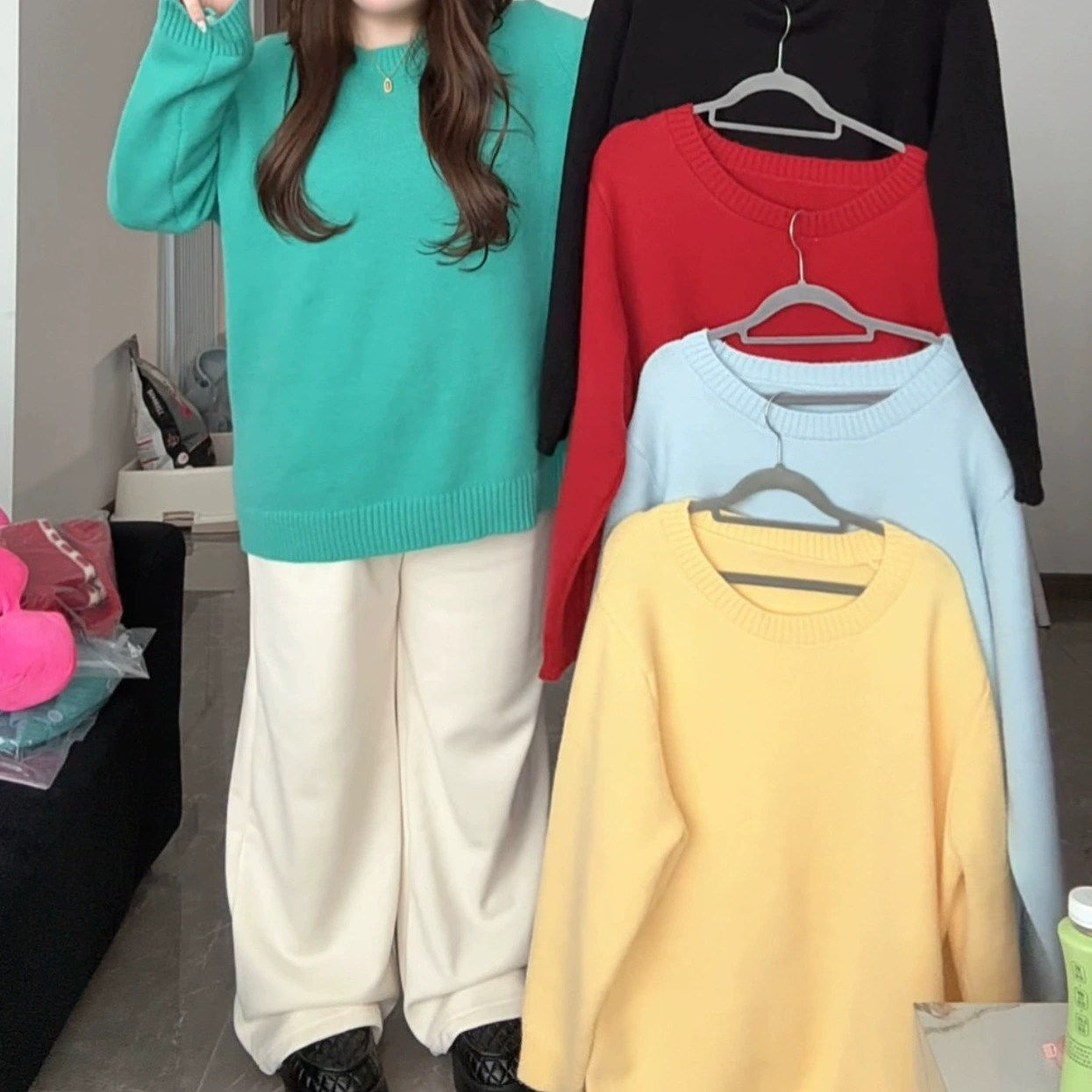 Сплошной цветной круглый воротник зимний рукав толстый ленивый ветер модная осень корейская короткая женская длинная