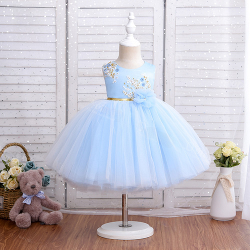 Ladies' Summer Cross-border Children's Dress with Tulle, Little Girl Piano Performance Dress, Solid Color Children's Princess Dress