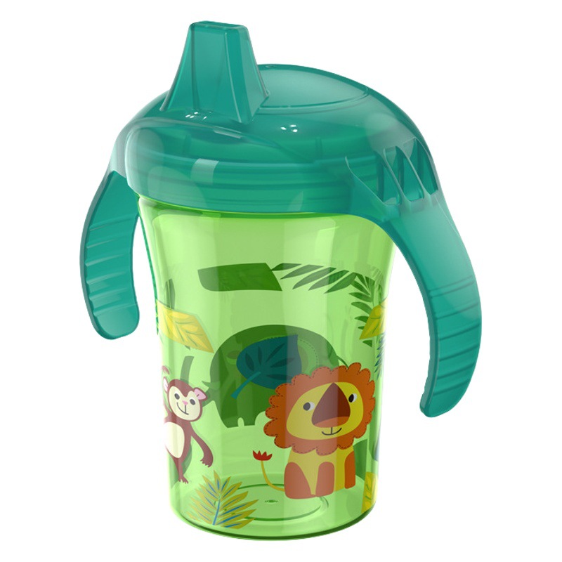 Vaso de entrenamiento para bebés de 260ml, con estampado de dibujos animados en 4 colores, pico de pato, antideslizante y a prueba de fugas, con asa