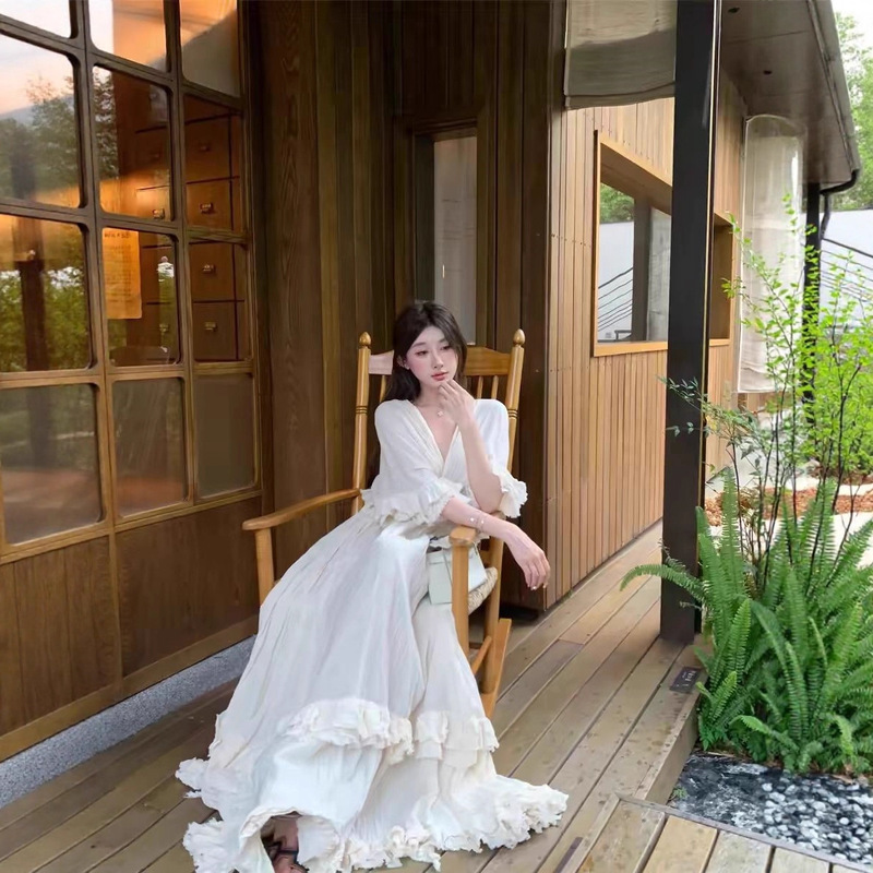 French Style Gentle V-neck Ruffle dress Women's Summer Super Fairy Elegant High-end Seaside Vacation Long Dress
