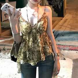豹纹印花荷叶边飘带亮片织带背心吊带上衣辣妹小衫